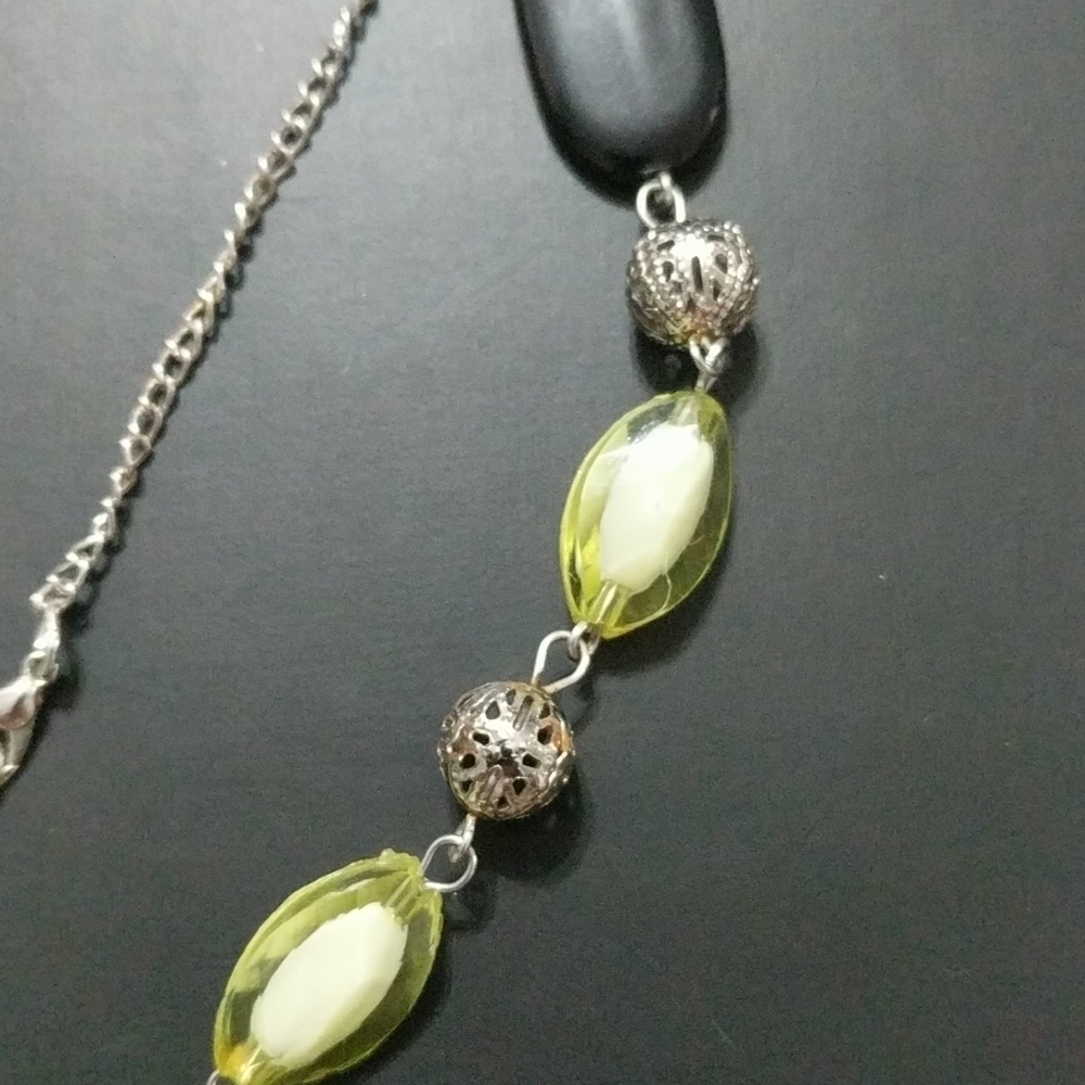 Green Black Silver Bead Dangle Statement Necklace - image 3